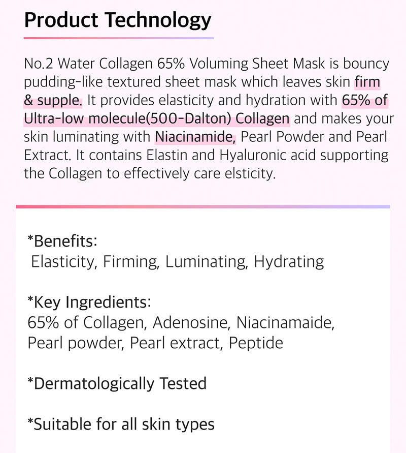 Numbuzin - No.2 Water Collagen 65% Voluming Sheet Mask